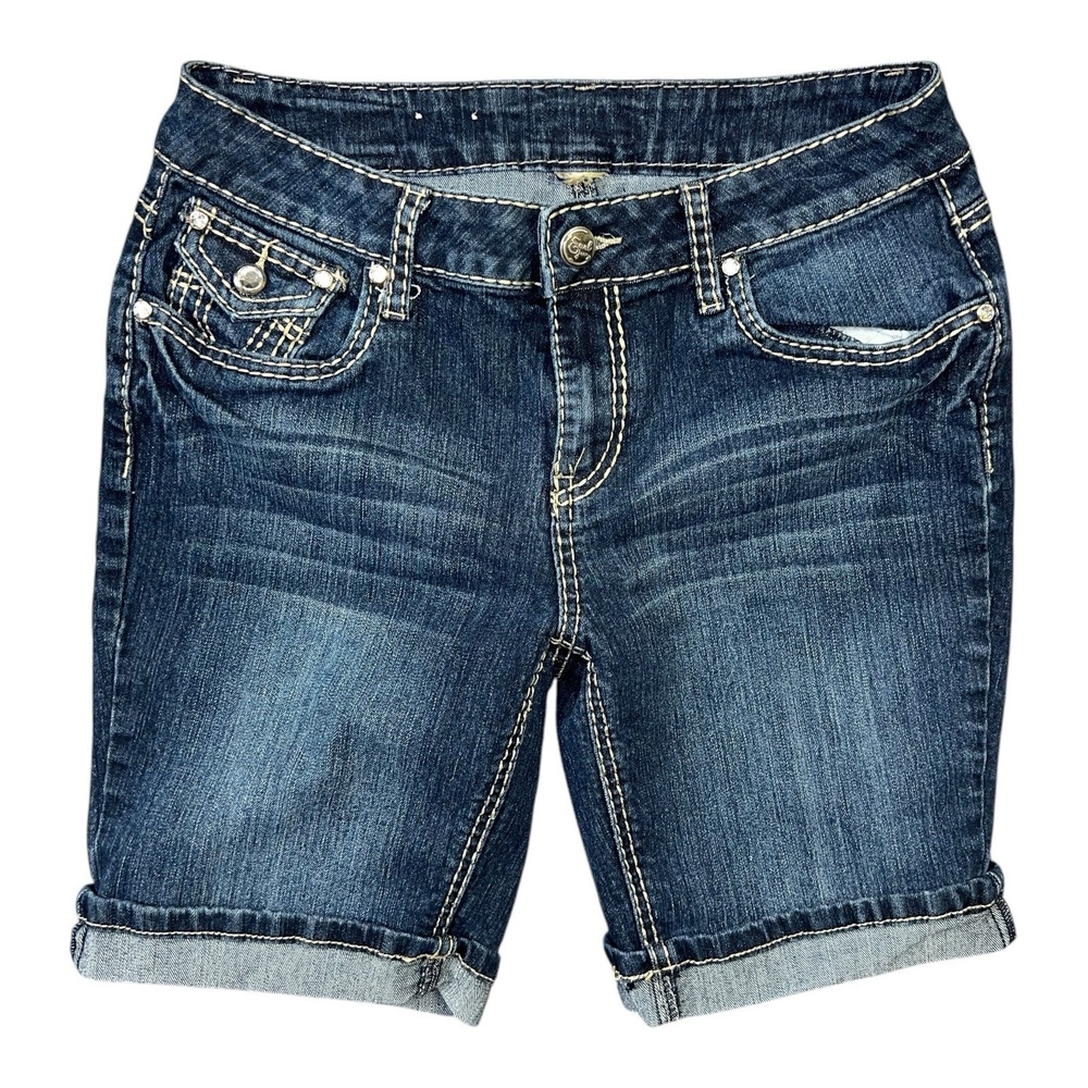 Earl Jean Shorts 6 Blue Denim Dark Wash Rolled Hem Distressed 5‎ Pocket Casual
